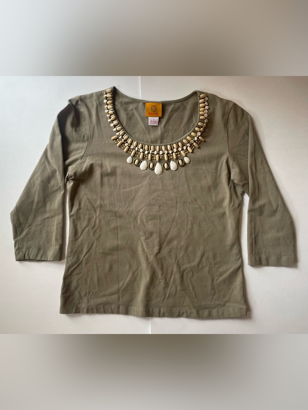 Cotton Scoop Neck Top Bead Trim Embellishments 3/4 Sleeve Earthy Y2K